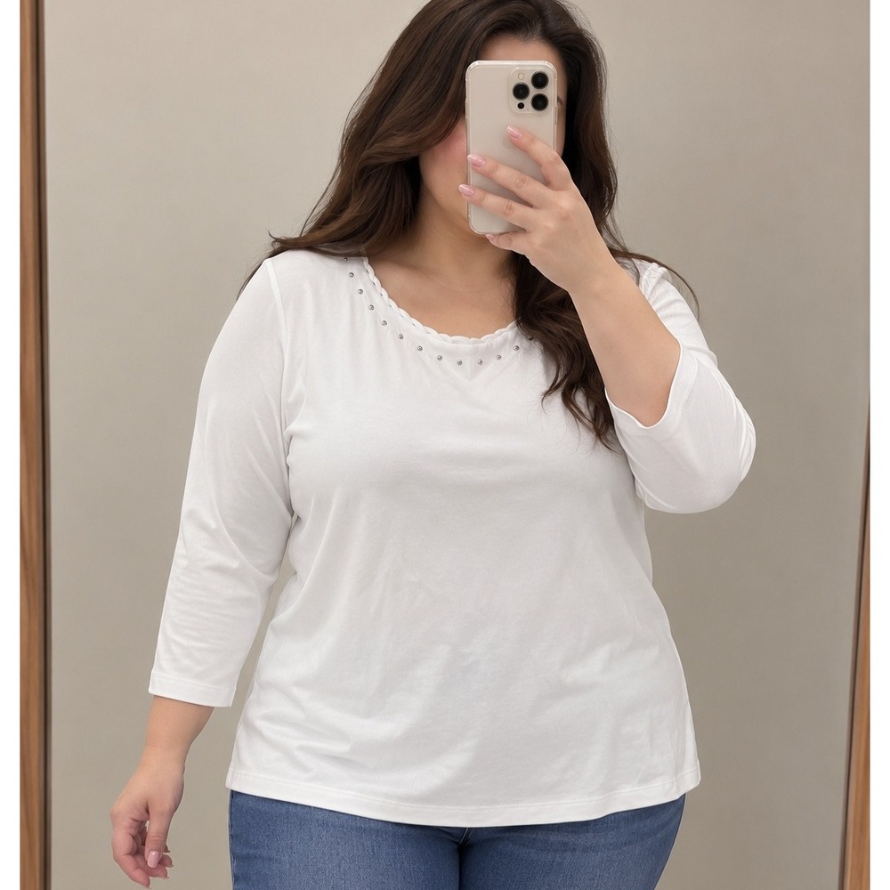 Karen Scott White Studded Braided Neckline 3/4 Sleeve Top Large